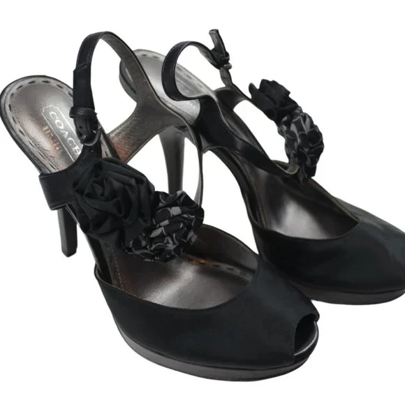 Coach Addysen Black Satin Rosette High Heels Peep Toe Womens Shoes Size 8 8B - Picture 1 of 7